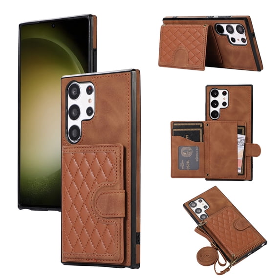 SaniMore for Samsung Galaxy S22 Ultra Case, Magnetic Wallet Case with Shoulder & Wrist Strap for Women/Girls, PU Leather Card Holder Flip Kickstand Cover for Samsung Galaxy S22 Ultra 5G, Brown