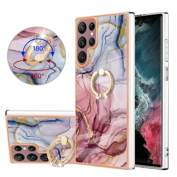 SaniMore for Samsung Galaxy S22 Ultra Case, Marble Pattern 3 in 1 Heavy Duty Shockproof Full Body Hard PC+IMD Bumper Drop Protective Women Girls Cover Rotating Ring Bracket Stand, Rose