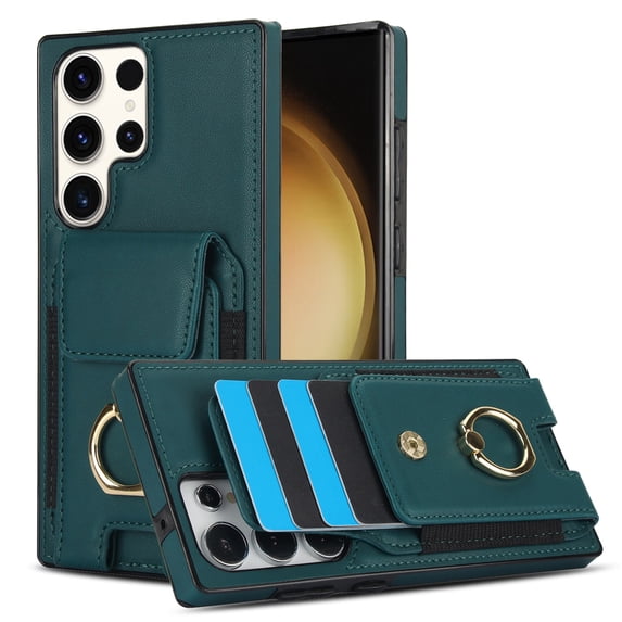 SaniMore for Samsung Galaxy S22 Ultra Case with Metal Rotating Ring Kickstand RFID Blocking Card Slots PU Leather Anti-scractch Wear-resitant Shockproof Wallet Cover for Samsung S22 Ultra, Green