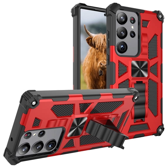 SaniMore for Samsung Galaxy S22 Ultra Case, Rugged PC CD Magnetic Cover Built-in Car Mount & Folding Kickstand Military Grade Shockproof Heavy Duty Protective Shell for Samsung S22 Ultra, Red