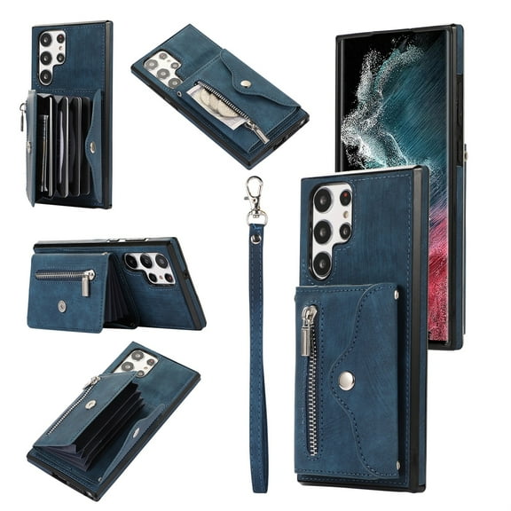 SaniMore for Samsung Galaxy S22 Ultra Case, Samsung Galaxy S22 Ultra Wallet Case for Women Men, PU Leather RFID Blocking Wristlet Zipper Shoulder Strap Cover with Card Holder Kickstand, Blue