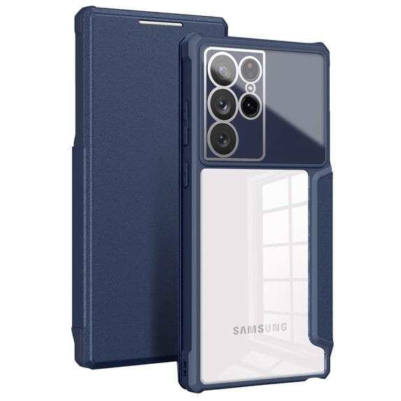SaniMore for Samsung Galaxy S22 Ultra Case Transparent PC & Soft TPU Built-in Electroplated Lens Ring, Magnetic Flip Cover with Card Slot & Kickstand Shockproof Protective Shell, Blue