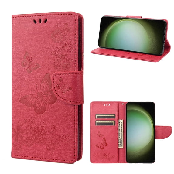 SaniMore for Samsung Galaxy S22 Ultra Case with Wrist Strap, Butterfly Embossed Magnetic Card Slot & Cash Bag Shockproof PU Leather Flip Folding Wallet Kickstand for Samsung S22 Ultra, Rose