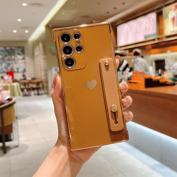 SaniMore for Samsung Galaxy S22 Ultra Electroplated Love Case, Flexible TPU Case with Adjustable Kickstand & Wrist Strap Full Body Protective Case for Samsung S22 Ultra Girls Ladies Women, Brown