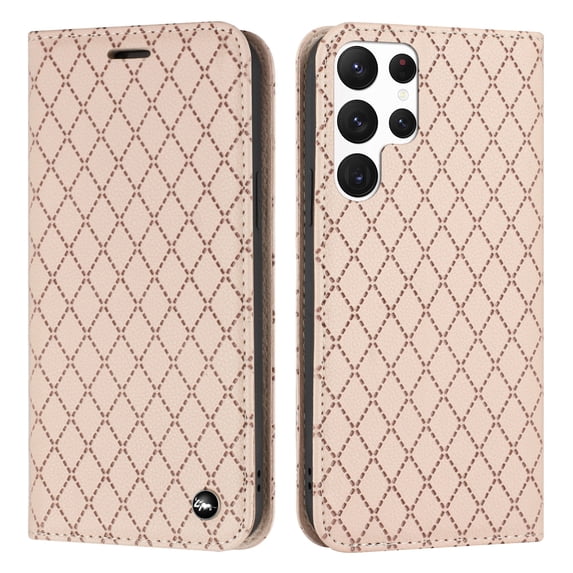 SaniMore for Samsung Galaxy S22 Ultra Magnetic Flip Wallet Embossing Case, Premium PU Leather Case with 2 Card Slots & Multi-Angle Kickstand Full Body Protective Case for Ladies Men, Pink