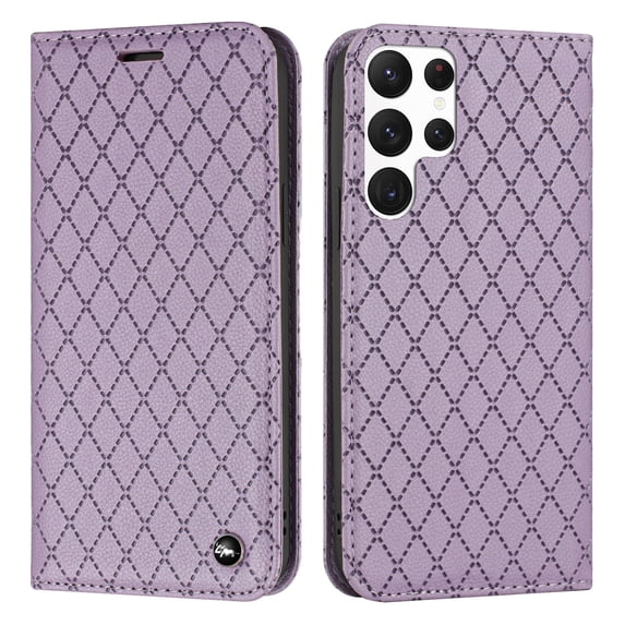 SaniMore for Samsung Galaxy S22 Ultra Magnetic Flip Wallet Embossing Case, Premium PU Leather Case with 2 Card Slots & Multi-Angle Kickstand Full Body Protective Case for Ladies Men, Purple