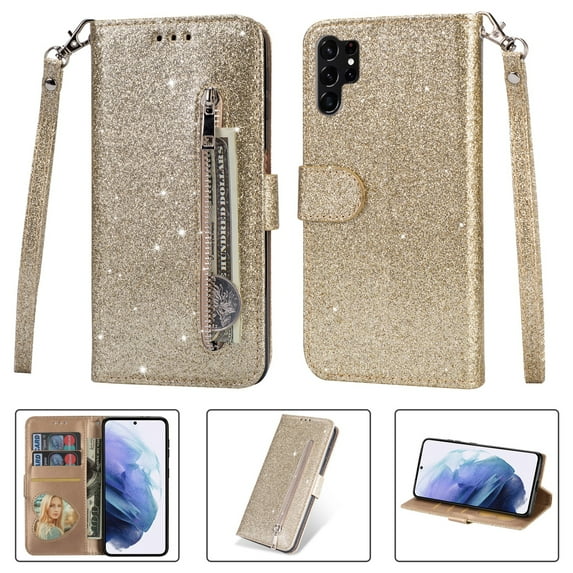 SaniMore for Samsung Galaxy S22 Ultra PU Leather Case, Magnetic Closure Flip Zipper Wallet Glitter Cover with Wrist Strap Card Slot & Kickstand Shockproof Protective Shell for Girls Ladies, Gold