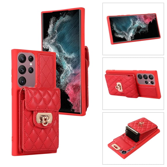 SaniMore for Samsung Galaxy S22 Ultra PU Leather Case, Multi-Functional Metal Snap Wallet Cover with Card Slot & Kickstand Shoulder Strap Full Body Protective Shell for Samsung S22 Ultra, Red