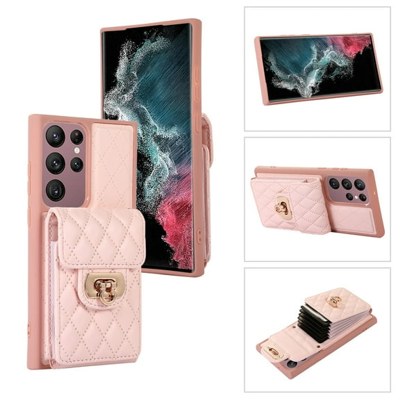 SaniMore for Samsung Galaxy S22 Ultra PU Leather Case, Multi-Functional Metal Snap Wallet Cover with Card Slot & Kickstand Shoulder Strap Full Body Protective Shell for Samsung S22 Ultra, Pink