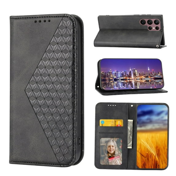 SaniMore for Samsung Galaxy S22 Ultra PU Leather Case RFID Blocking, Magnetic Closure Flip Wallet Cover with Wrist Strap Card Slot & Multi-Angle Kickstand All-Inclusive Protective Shell, Black