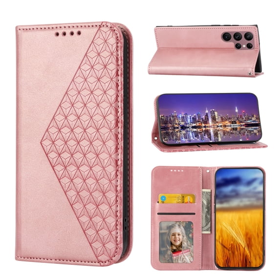 SaniMore for Samsung Galaxy S22 Ultra PU Leather Case RFID Blocking, Magnetic Closure Flip Wallet Cover with Wrist Strap Card Slot & Multi-Angle Kickstand All-Inclusive Protective Shell, Rosegold