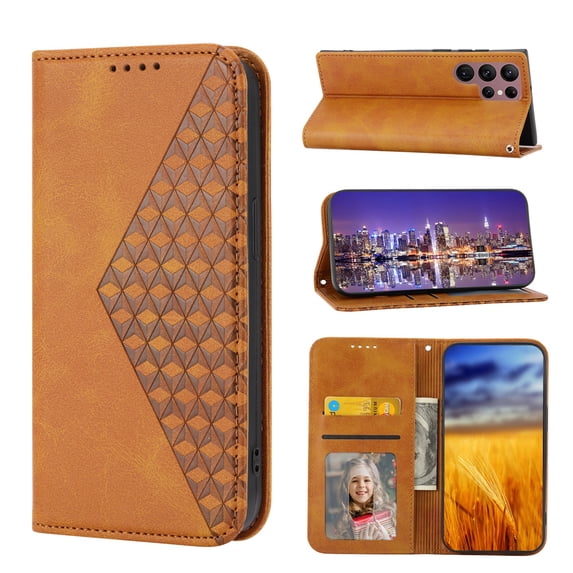 SaniMore for Samsung Galaxy S22 Ultra PU Leather Case RFID Blocking, Magnetic Closure Flip Wallet Cover with Wrist Strap Card Slot & Multi-Angle Kickstand All-Inclusive Protective Shell, Yellow