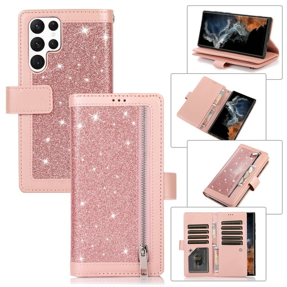 SaniMore for Samsung Galaxy S22 Ultra Wallet Case, Glitter PU Leather for Girls Women Zipper Purse Card Slots Cash Pocket Hand Rope Flip Kickstand Shockproof TPU Inner Protective Shell, Pink