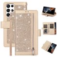 thumbnail image 1 of SaniMore for Samsung Galaxy S22 Ultra Wallet Case, Glitter PU Leather for Girls Women Zipper Purse Card Slots Cash Pocket Hand Rope Flip Kickstand Shockproof TPU Inner Protective Shell, Gold, 1 of 7