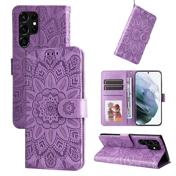 SaniMore for Samsung Galaxy S22 Ultra Wallet Case, Shockproof PU Leather Stand Cover with Card Slot Flip Kickstand Embossed Flower Magnetic Clasp Wrist Strap for Samsung S22 Ultra, Purple