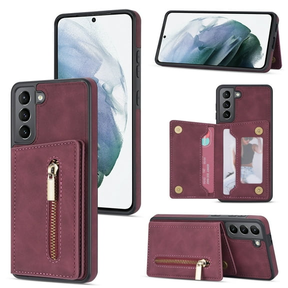 SaniMore for Samsung Galaxy S23 2023 Back Case with Zipper Card Pokcet Flip Wallet/Kickstand Shock Absorption Anti-fall Retro PU Leather Wear-resistant Shell For Samsung Galaxy S23, Winered