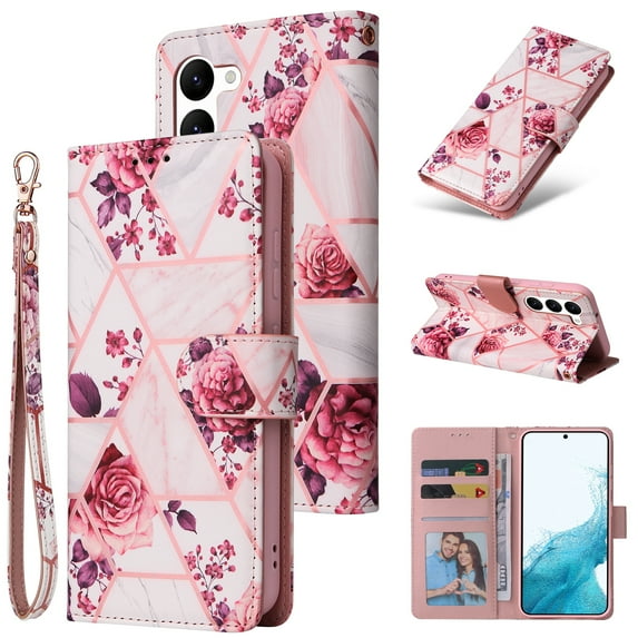 SaniMore for Samsung Galaxy S23 2023 Case, PU Leather Luxury Marble Flip Cover with Detachable Wrist Strap Card Slot Kickstand Shockproof Magnetic Buckle Protective Shell for Galaxy S23, Rosegold