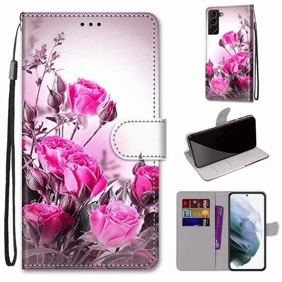 SaniMore for Samsung Galaxy S23 2023 PU Leather Case with Card Slots Detchable Lanyard Color Painting Luxury Pattern Flip Kickstand Shcokproof Wallet Case For Samsung Galaxy S23, Wild Rose