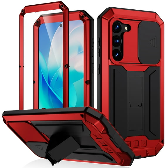 SaniMore for Samsung Galaxy S23 5G 2023 Rugged case with Screen Protector, Stand Camera Slide Cover for Samsung S23 Metal Military Sturdy Armour Shockproof Cover for Man Outdoor, Red