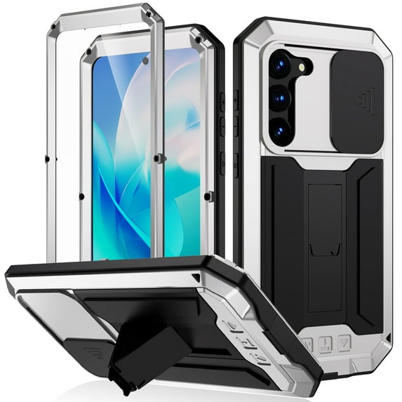 SaniMore for Samsung Galaxy S23 5G 2023 Rugged case with Screen Protector, Stand Camera Slide Cover for Samsung S23 Metal Military Sturdy Armour Shockproof Cover for Man Outdoor, Silver