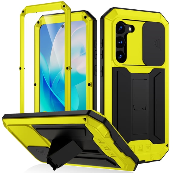 SaniMore for Samsung Galaxy S23 5G 2023 Rugged case with Screen Protector, Stand Camera Slide Cover for Samsung S23 Metal Military Sturdy Armour Shockproof Cover for Man Outdoor, Yellow