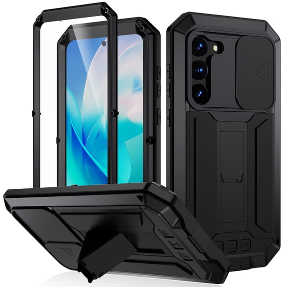 SaniMore for Samsung Galaxy S23 5G 2023 Rugged case with Screen Protector, Stand Camera Slide Cover for Samsung S23 Metal Military Sturdy Armour Shockproof Cover for Man Outdoor, Black