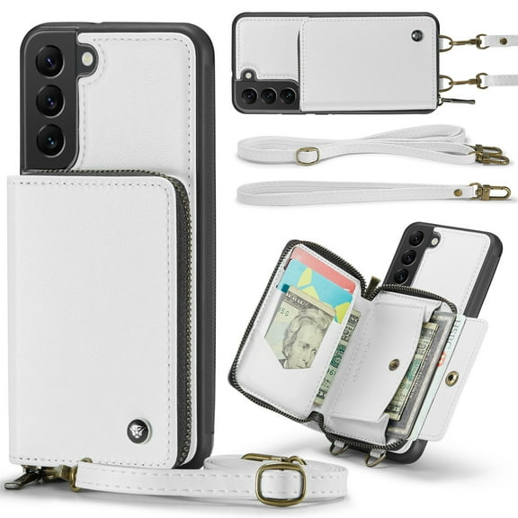 SaniMore for Samsung Galaxy S23 6.1" 2023 Case, [Crossbody/Wrist Strap][Zipper Flip Wallet][Card Slots][Rifid Layer] PU Leather Retro 360°Protective Shockproof Cover For Samsung Galaxy S23, White