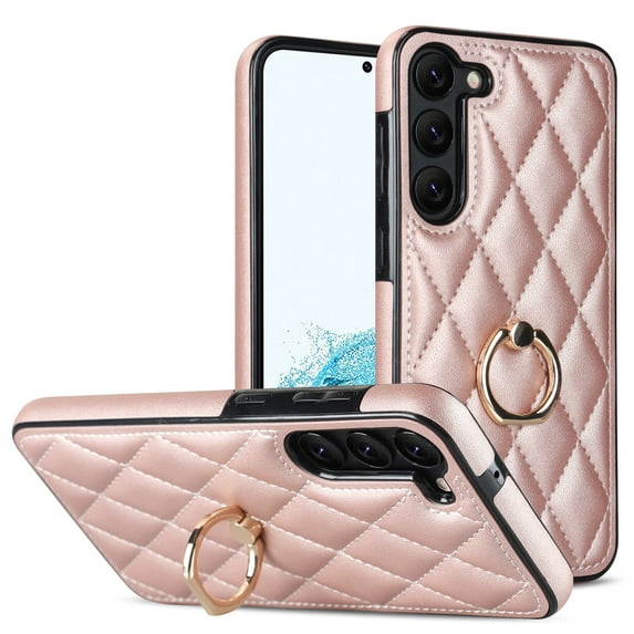 SaniMore for Samsung Galaxy S23 6.1" 2023 Case, PU Leather Case with Luxury Fashion Lattice for Girls Women 360°Rotating Metal Ring/Kickstand Shockproof Durable Case For Samsung Galaxy S23, Rosegold
