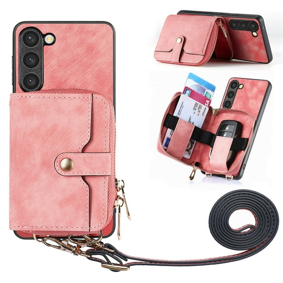 SaniMore for Samsung Galaxy S23 (6.1" 2023) Case,Wear-resistant PU Leather Skin + Zipper Purse Card Slots Removeable Crossbody Lanyard Stand Shell Shockproof Anti-scratch Drop-resistant, Pink