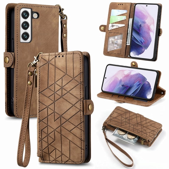 SaniMore for Samsung Galaxy S23 (6.1") Case, PU Leather Embossed Lines Wristlet Zipper Cash Pocket Card Slots Magnetic Flip Stand Full Protective TPU Shell Anti-drop Business Design, Brown