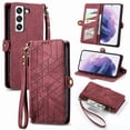 thumbnail image 1 of SaniMore for Samsung Galaxy S23 (6.1") Case, PU Leather Embossed Lines Wristlet Zipper Cash Pocket Card Slots Magnetic Flip Stand Full Protective TPU Shell Anti-drop Business Design, Red, 1 of 10