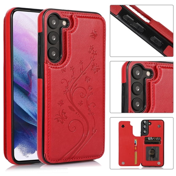 SaniMore for Samsung Galaxy S23 6.1" Magnetic Button Wallet Case, PU Leather Embossed Pattern Cover with Card Slot & Kickstand Shockproof Protective Shell for Women Ladies, ,Red