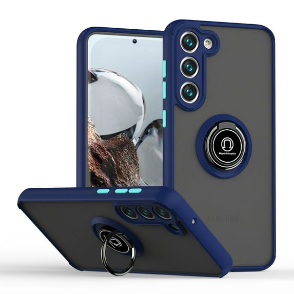 SaniMore for Samsung Galaxy S23 6.1 inch Case with 360° Folding Bracket Ring, Non-Slip Stripes Shock Absorption TPU Bumper Cover Support CD Car Magnetic Translucent Matte Back Shell, Blue