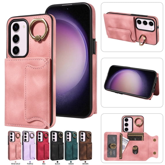 SaniMore for Samsung Galaxy S23 (6.4" 2023) Case, PU Leather Skin Shockproof Bumper Flip Purse RFID Blocking Metal Ring Stand Shell, Card Holder Cash Pocket Anti-drop Cover, Rosegold