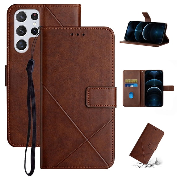 SaniMore for Samsung Galaxy S23 (6.8" 2023) Wallet Case with Wrist Strap Magnetic Clasp, Card Slots PU Leather Skin Shockproof TPU Inner Anti-drop Flip Stand Business Shell Wear-resistant - Darkbrown