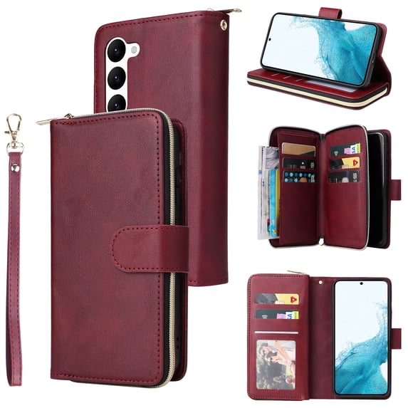 SaniMore for Samsung Galaxy S23 Case, 3 in 1 Zipper Purse Cover + Card Slots + Kickstand + Detachable Lanyard Comprehensive Protective Shockproof Anti-drop Shell For Samsung Galaxy S23,Winered