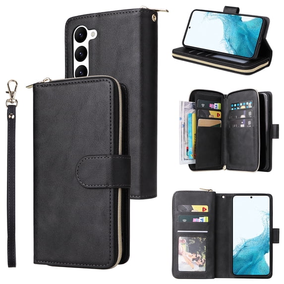 SaniMore for Samsung Galaxy S23 Case, 3 in 1 Zipper Purse Cover + Card Slots + Kickstand + Detachable Lanyard Comprehensive Protective Shockproof Anti-drop Shell For Samsung Galaxy S23,Black