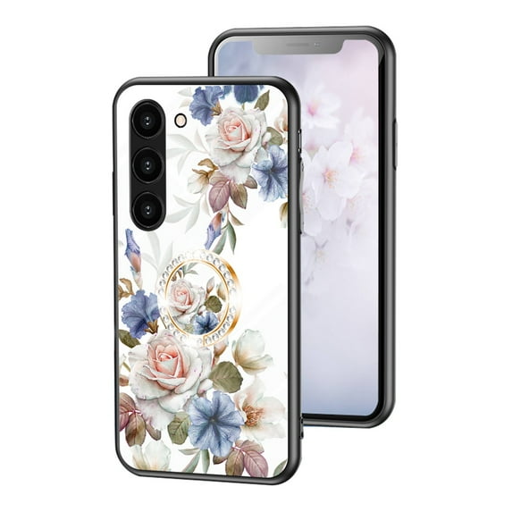 SaniMore for Samsung Galaxy S23 Case, 31 Diamonds Glass Vehicle Magnetic Support Flexible TPU Flower Pattern Cover with 360° Rotatable Ring Kickstand Shockproof Protective Shell, White Flower