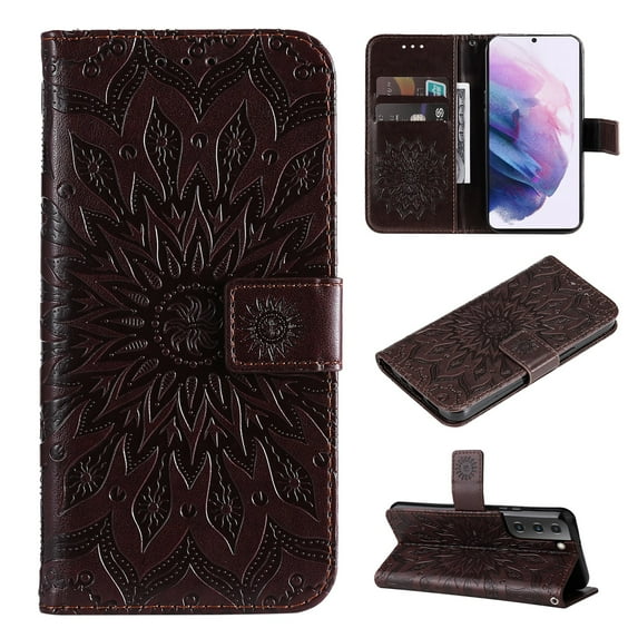 SaniMore for Samsung Galaxy S23 Case with Card Holder, Embossed Magnetic Wallet Soft TPU + PU Leather Cover with Practical Bracket + Detachable Hand Strap Shockproof Protective Shell, Brown
