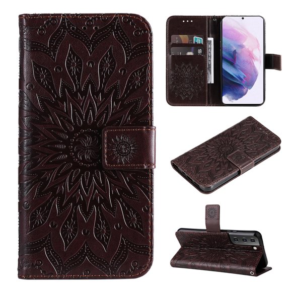 SaniMore for Samsung Galaxy S23 Case with Card Holder, Embossed Magnetic Wallet Soft TPU + PU Leather Cover with Practical Bracket + Detachable Hand Strap Shockproof Protective Shell, Brown