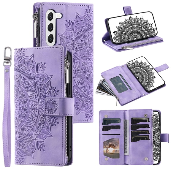 SaniMore for Samsung Galaxy S23 Case, Luxury PU Leather Skin with Emboss Totem Detachable Crossbody Strap + Zipper Cash Pokcet Card Holder Flip Kickstand Wallet Cover For Galaxy S23, Purple