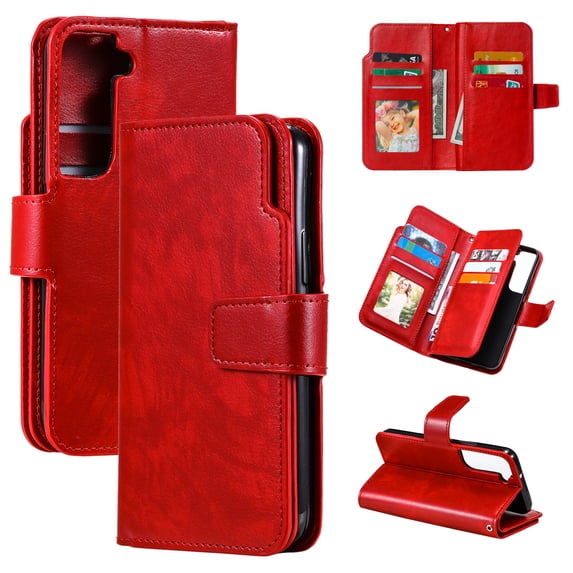 SaniMore for Samsung Galaxy S23 Case Multi-Functional Folio Flip Wallet, Premium PU Leather Cover Suppot Kickstand + Card & Cash Slots Full Body Protective Shell for Samsung S23, Red