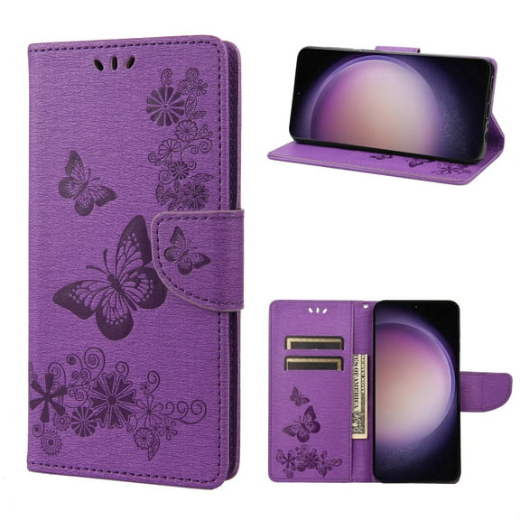 SaniMore for Samsung Galaxy S23 Case with Wrist Strap, Butterfly Embossed Magnetic Card Slot & Cash Bag Shockproof PU Leather Flip Folding Wallet Kickstand for Samsung S23, Purple