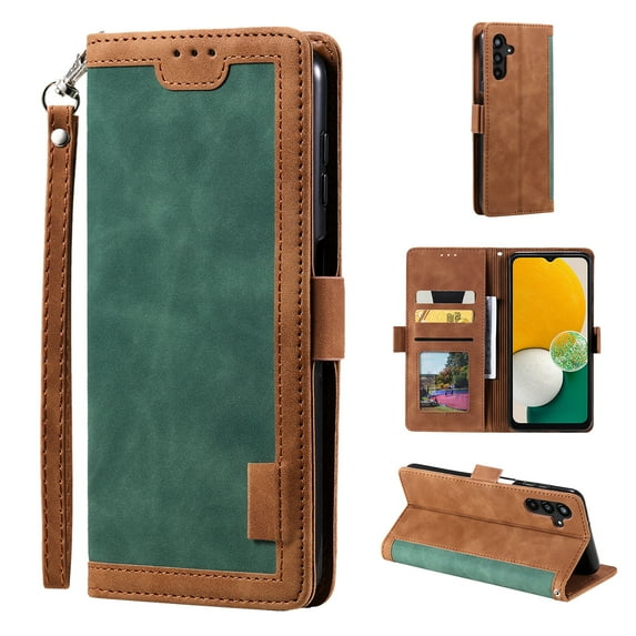 SaniMore for Samsung Galaxy S23 Case with Wristlet Strap PU Leather Shockproof TPU Shell Card Slots Cash Pocket Flip Kickstand Magnetic Closure Full Protective Business Wallet Cover, Green