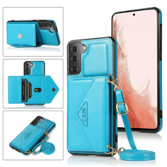 SaniMore for Samsung Galaxy S23 FE 6.4" 2023 Case with Back Folding Card Pocket Kickstand Detachable Adjustable Crossbody Shoulder Strap PU Leather Shockproof Slim Wallet Cover, Blue