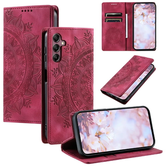 SaniMore for Samsung Galaxy S23 FE Case, PU Leather Embosed Mandala Flower Wallet Protective Phone Cover Card Slots Pocket Purse Women Men Kickstand Vintage Shockproof Anti-fall Shell, Red