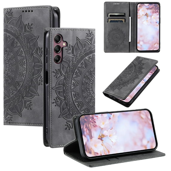 SaniMore for Samsung Galaxy S23 FE Case, PU Leather Embosed Mandala Flower Wallet Protective Phone Cover Card Slots Pocket Purse Women Men Kickstand Vintage Shockproof Anti-fall Shell, Grey