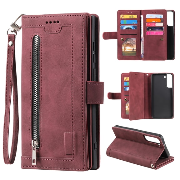 SaniMore for Samsung Galaxy S23 FE Case, Prumium PU Leather Zipper Wallet Card Slots Cash Pocket Flip Kickstand Lanyard Anti-drop Shcokproof Full Body Wrap Business Case for Galaxy S23 FE, Winered