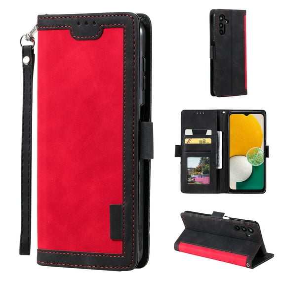 SaniMore for Samsung Galaxy S23 FE Case with Wristlet Strap PU Leather Shockproof TPU Shell Card Slots Cash Pocket Flip Kickstand Magnetic Closure Full Protective Business Wallet Cover, Red