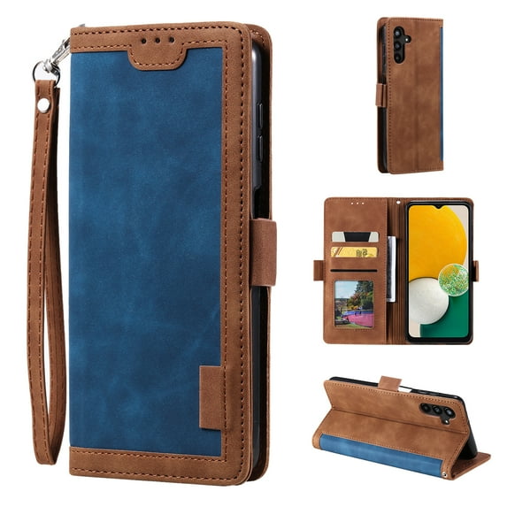 SaniMore for Samsung Galaxy S23 FE Case with Wristlet Strap PU Leather Shockproof TPU Shell Card Slots Cash Pocket Flip Kickstand Magnetic Closure Full Protective Business Wallet Cover, Blue